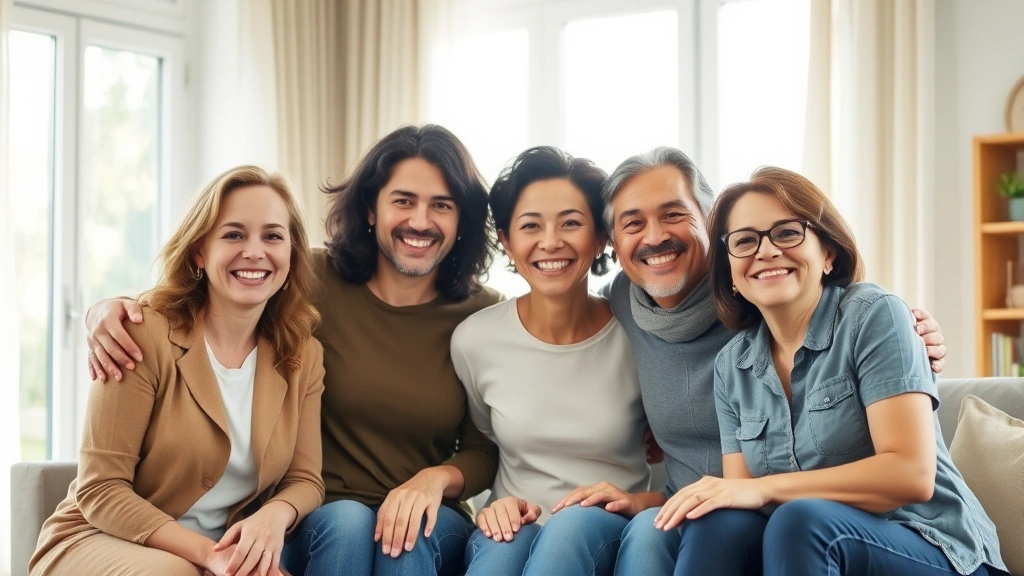 Diverse family of four smiling together in modern living room, natural sunlight, warm atmosphere, representing financial security and life insurance protection planning