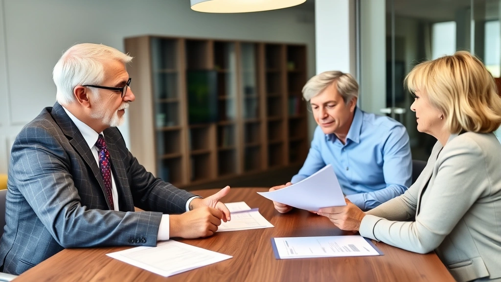 Senior financial advisor in business suit meeting with middle-aged couple at conference table, reviewing life insurance documents and retirement plans, professional office environment