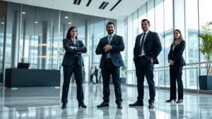 Professional security team in business attire standing in modern corporate office lobby with glass walls and marble flooring, displaying confidence and vigilance, daytime lighting