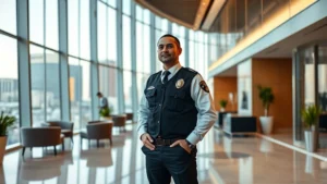 Professional security officer in business attire standing in modern corporate lobby with glass walls and contemporary furniture, alert posture, professional demeanor, daytime lighting, Las Vegas downtown skyline visible through windows