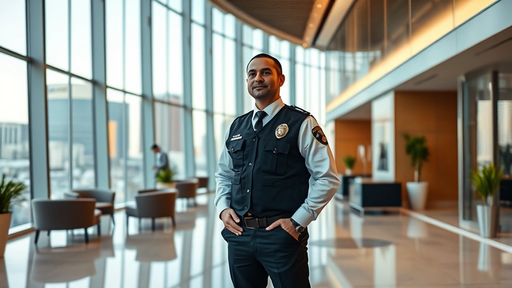 Professional security officer in business attire standing in modern corporate lobby with glass walls and contemporary furniture, alert posture, professional demeanor, daytime lighting, Las Vegas downtown skyline visible through windows