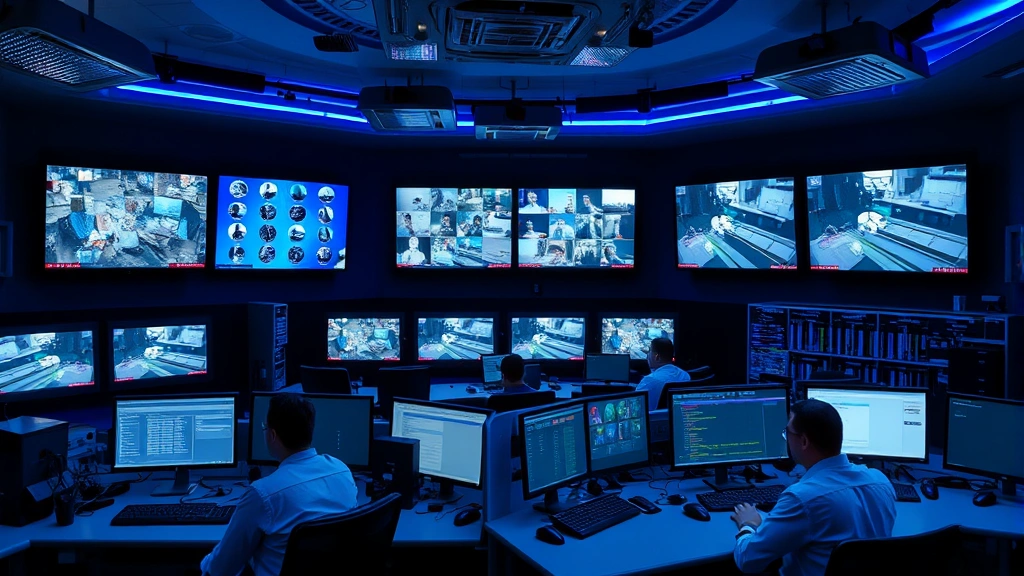 State-of-the-art security control room with multiple high-definition monitors displaying real-time surveillance feeds, professional operators at workstations with advanced technology, blue lighting, sophisticated security infrastructure visible