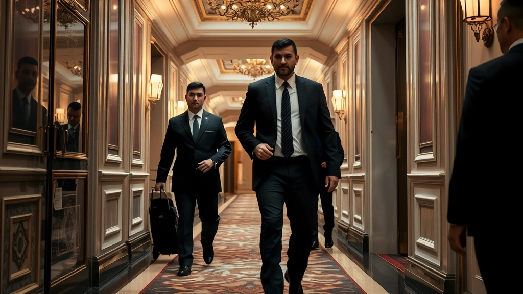 Executive protection team in dark suits accompanying business professional through upscale hotel corridor with elegant decor, professional vigilance, discrete operation, premium hospitality environment, warm professional lighting