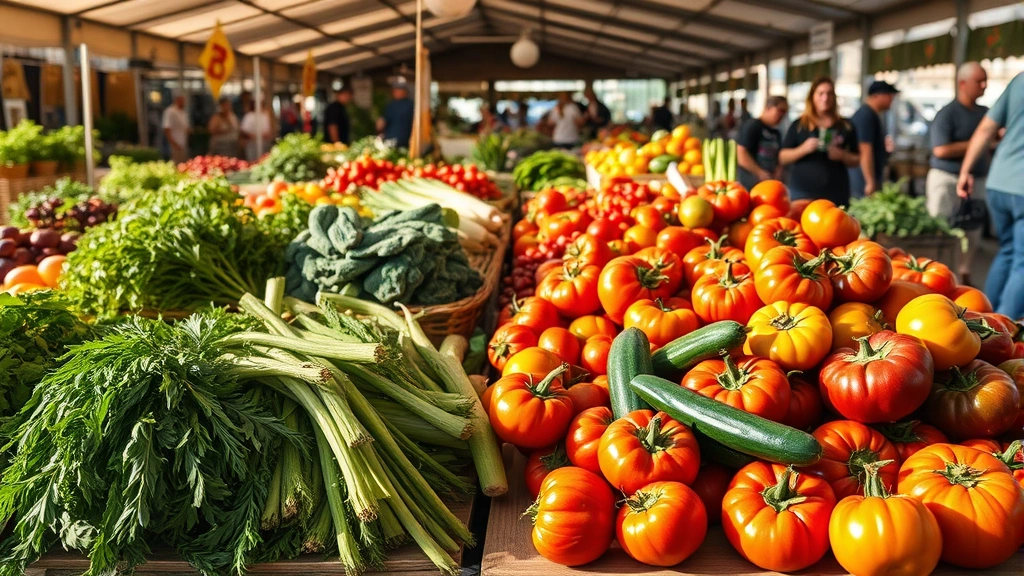 Fresh organic vegetables and heirloom tomatoes at a bustling farmers market in Arizona, morning sunlight illuminating vibrant produce displayed on wooden tables, professional food photography style