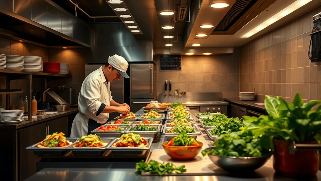 Restaurant kitchen interior showing chefs preparing tacos with fresh organic ingredients, stainless steel preparation surfaces, warm professional lighting, focused culinary craftsmanship