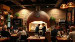 Upscale pizzeria interior with wood-fired oven, rustic Italian décor, warm ambient lighting, customers seated at tables, professional staff wearing aprons, open kitchen visible, authentic Italian atmosphere, no text on walls