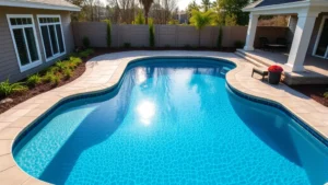 Luxury semi inground pool installation in modern backyard with stone deck surrounding, crystal clear blue water, landscaped garden borders, afternoon sunlight creating reflections, resort-quality appearance, photorealistic