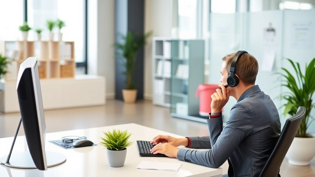 Customer service representative at insurance company helping client over phone call in contemporary office environment with computer and desk