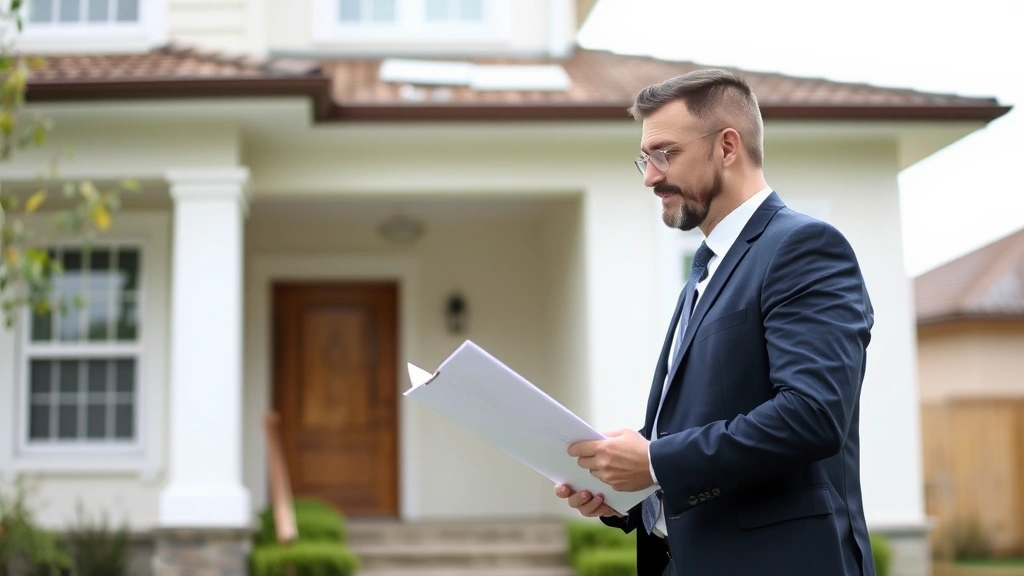 Claims adjuster reviewing damage assessment report at property site, professional attire, examining building exterior with clipboard