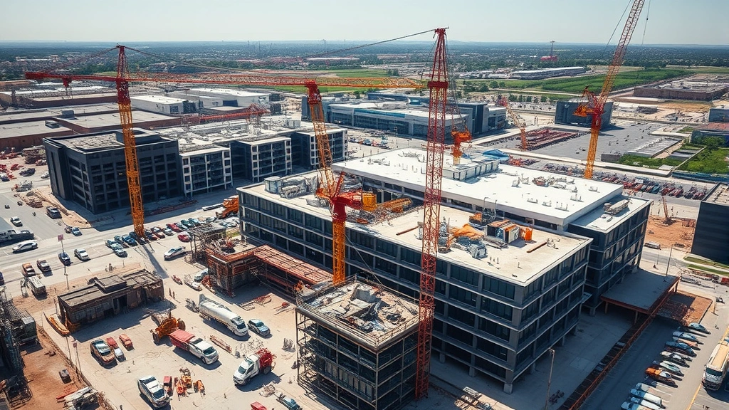 Aerial view of large commercial construction site with multiple cranes, heavy equipment, and workers actively building modern commercial complex, clear sunny day