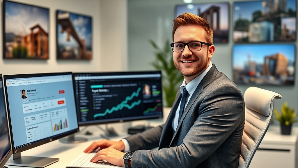 Construction business owner at desk with multiple monitors displaying website analytics, Google Business profile, and SEO ranking data, professional corporate setting with construction photos on walls