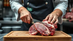 Professional Korean butcher wearing traditional apron carefully cutting premium beef brisket on wooden cutting board, hands in focus, stainless steel butcher's knives visible, bright butcher shop lighting, detailed meat texture