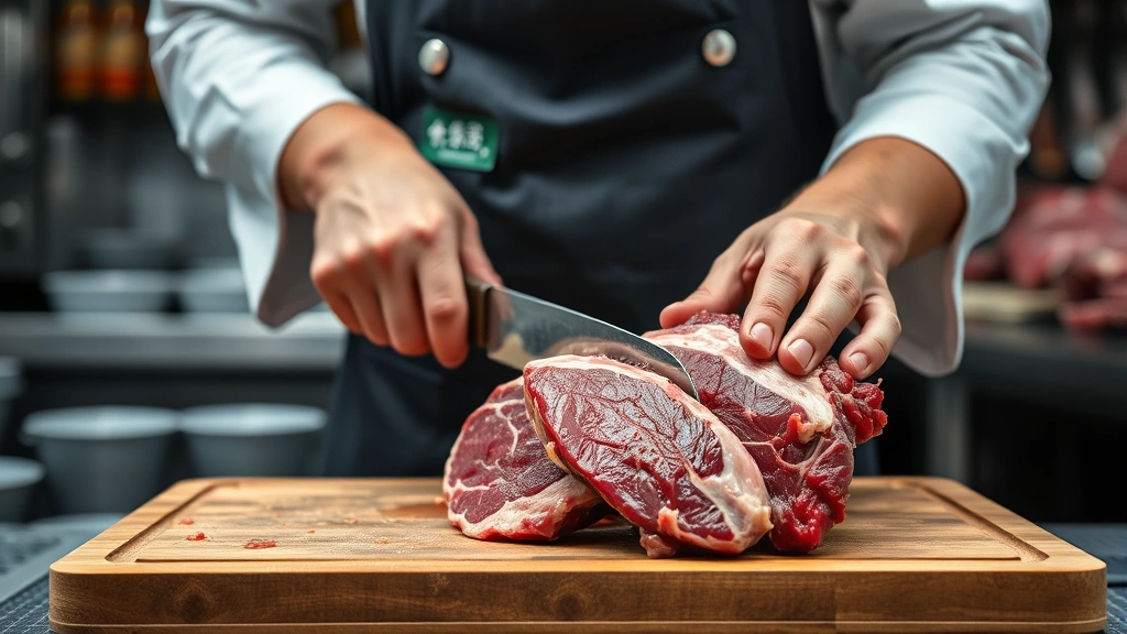 Professional Korean butcher wearing traditional apron carefully cutting premium beef brisket on wooden cutting board, hands in focus, stainless steel butcher's knives visible, bright butcher shop lighting, detailed meat texture