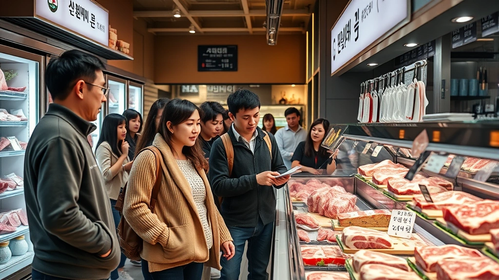 Diverse group of customers browsing refrigerated meat displays in modern specialty butcher shop, examining Korean meat cuts with interest, warm ambient lighting, clean glass cases, engaged expressions