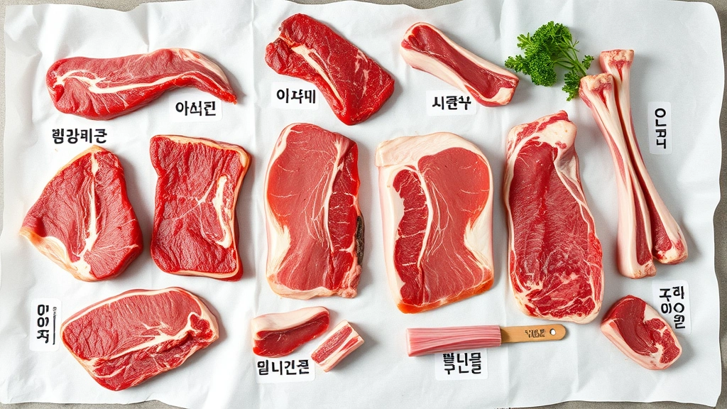 Overhead view of beautifully arranged Korean specialty meat cuts on white butcher paper with Korean text labels, various cuts including bulgogi beef and galbi ribs, professional butcher shop presentation, natural lighting