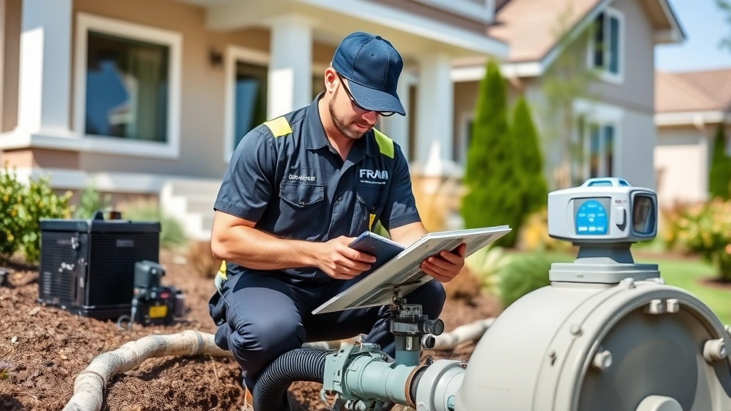 Professional septic service technician in uniform performing system inspection with diagnostic equipment, modern residential property background, daylight, clear professional appearance