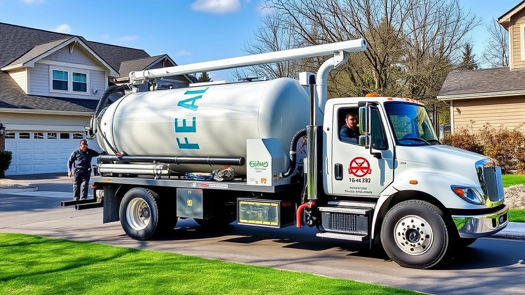 Advanced septic tank truck with modern pumping equipment parked at residential driveway, technician in safety gear, suburban neighborhood setting, professional service vehicle