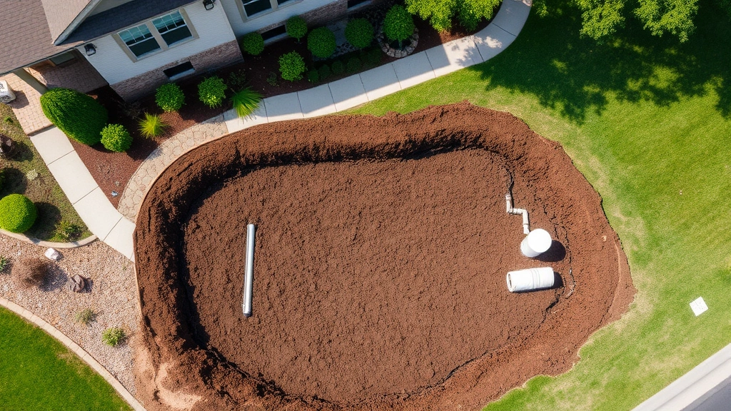 Aerial view of residential property showing drain field installation, landscaping, and septic system components, clear daylight, environmental stewardship focus, professional installation quality