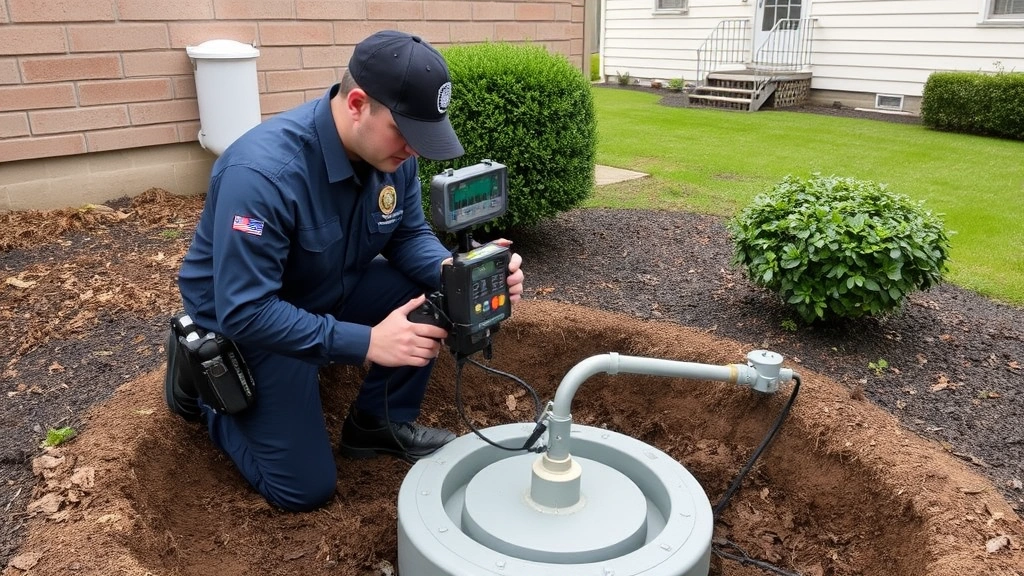 Professional technician in uniform performing septic tank inspection with modern diagnostic equipment in residential backyard setting, showing expertise and professionalism