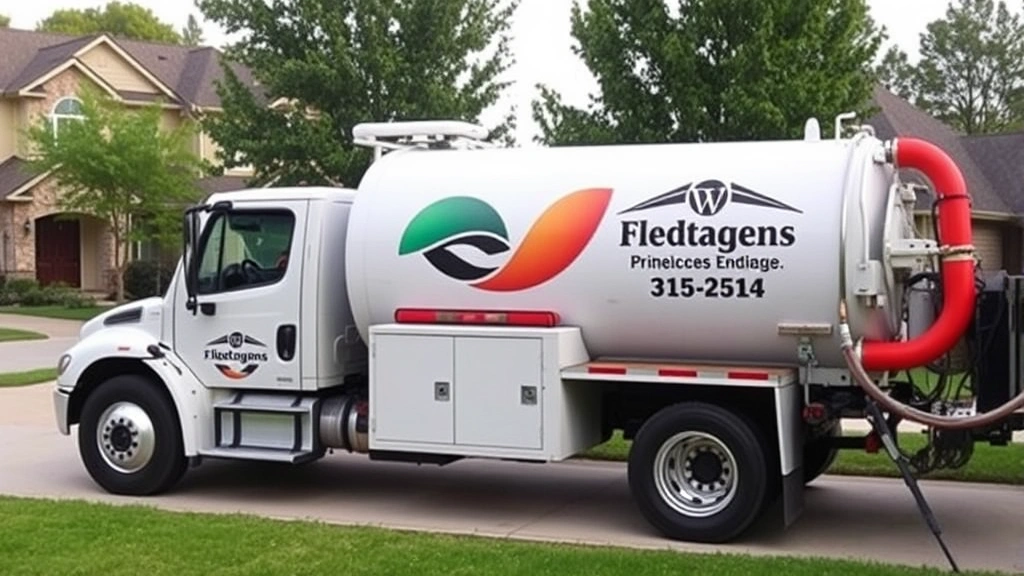 Specialized septic service truck with company branding parked at residential property, displaying modern equipment and professional fleet management