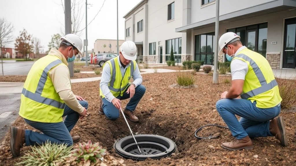 Team of certified technicians conducting drain field assessment and soil testing at commercial property site, demonstrating environmental compliance procedures