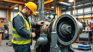 Industrial motor technician in safety gear performing maintenance on large electric motor in factory setting, professional workshop environment with tools and equipment visible