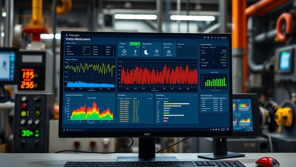 Predictive maintenance dashboard on computer screen showing real-time sensor data, vibration analysis graphs, and equipment status alerts in industrial control room