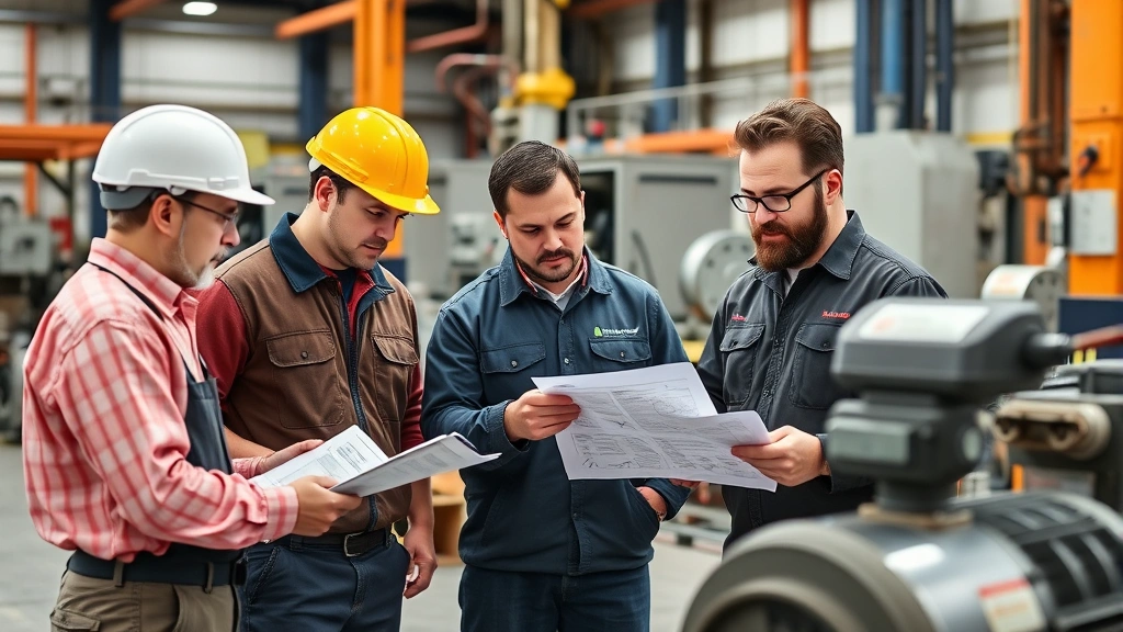 Diverse maintenance team reviewing motor service documentation and performance charts together in manufacturing facility, collaborative planning session with equipment in background