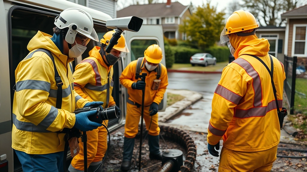 Experienced cleanup crew members wearing protective gear examining sewer line damage with CCTV camera equipment, control van with monitoring screens visible outside property, professional documentation and assessment in progress