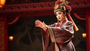 Traditional Chinese opera performer in elaborate costume and makeup executing precise hand gestures on stage with classical theatre backdrop, demonstrating Jingju artistic mastery and technical excellence in professional theatrical setting