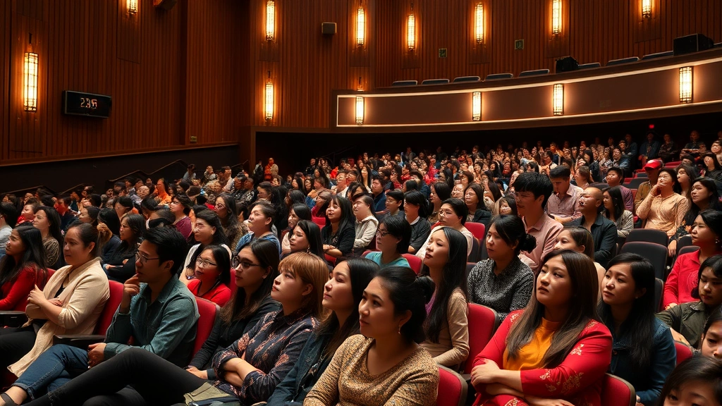 Modern theatre auditorium filled with diverse audiences of varying ages watching performance, showing contemporary theatre-goers engaged and absorbed in classical Chinese cultural production experience