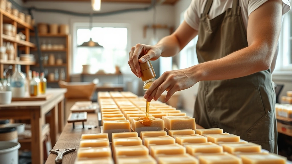 Professional soap maker hands carefully pouring natural oils into handmade soap molds in a bright artisanal production facility, wooden workbenches and glass bottles of ingredients visible