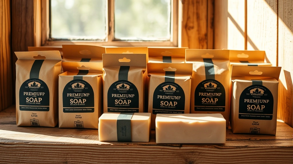 Neatly arranged premium artisanal soaps in recyclable kraft packaging displayed in morning sunlight on rustic wooden shelf, showcasing product quality and sustainable packaging design