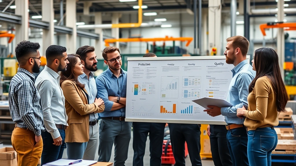 Diverse team of manufacturing professionals in casual business attire collaborating around production planning board in modern facility, discussing quality standards and production schedules