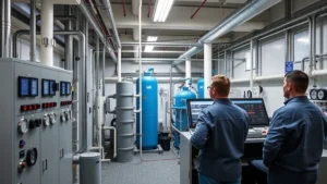 Professional water treatment facility interior with operators monitoring control panels and filtration systems, industrial pipes and gauges visible, modern municipal infrastructure, daytime indoor lighting