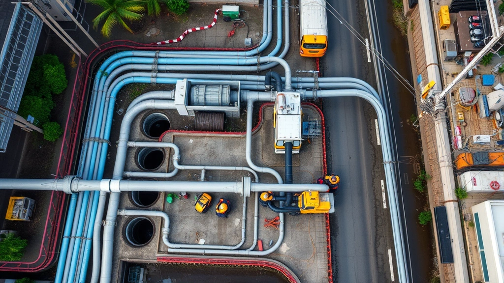 Aerial view of water distribution network with underground pipes and maintenance access points, urban street infrastructure, crews performing maintenance work, professional utility operations setting