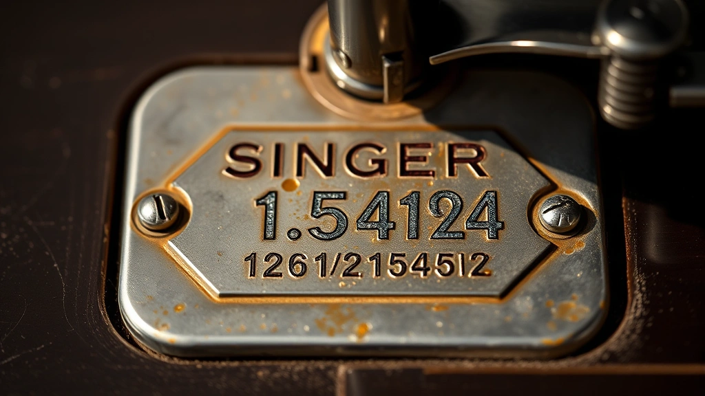 Close-up of vintage Singer sewing machine serial number plate showing engraved identification marks on metal base, professional product photography lighting, museum-quality documentation style