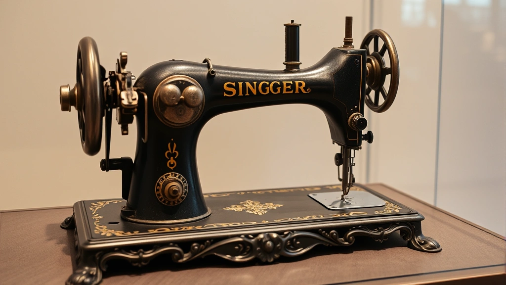 Antique Singer sewing machine displayed in museum setting showing ornate cast iron base and mechanical components, professional archival photography with neutral background, detailed craftsmanship visible