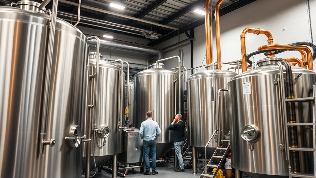 Modern craft brewery production facility with stainless steel fermentation tanks, copper equipment, and professional workers monitoring beer production in industrial setting