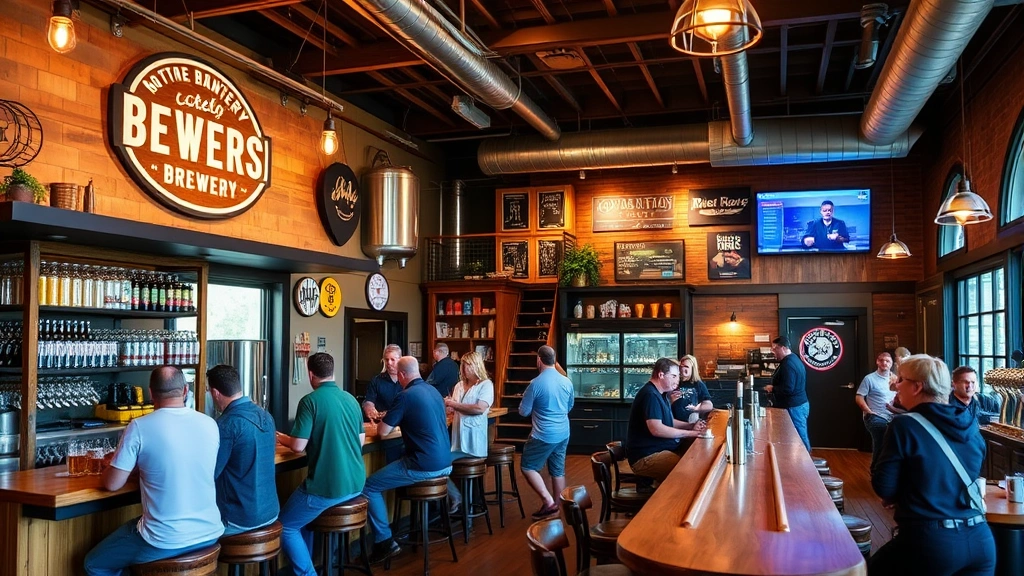 Vibrant brewery taproom interior with wooden bar counter, customers enjoying beverages, warm lighting, merchandise displays, and welcoming community gathering atmosphere