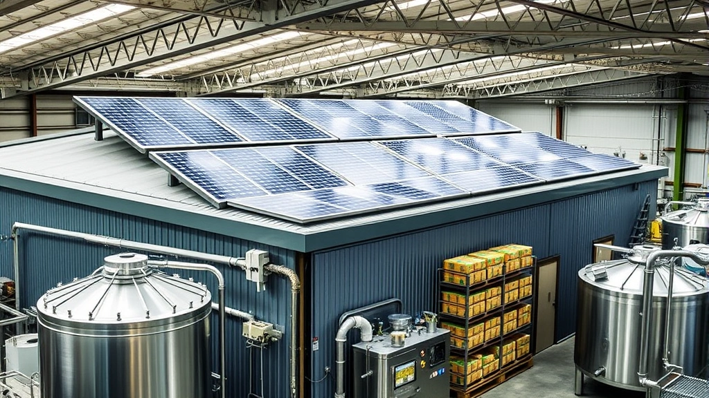 Sustainable brewery operations showing solar panels on roof, water recycling systems, organic ingredient storage, and environmental responsibility infrastructure in manufacturing facility