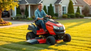 Professional landscaper operating zero-turn radius Snapper mower on residential property, precise cutting edges visible, manicured lawn background, golden hour lighting, confident operator expression