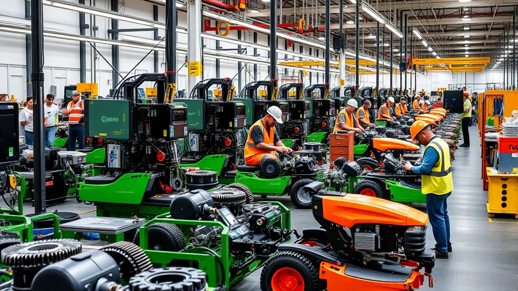 Modern manufacturing facility with precision equipment assembling lawn mower components, skilled technicians in safety gear working at assembly stations, industrial workspace, quality control focus