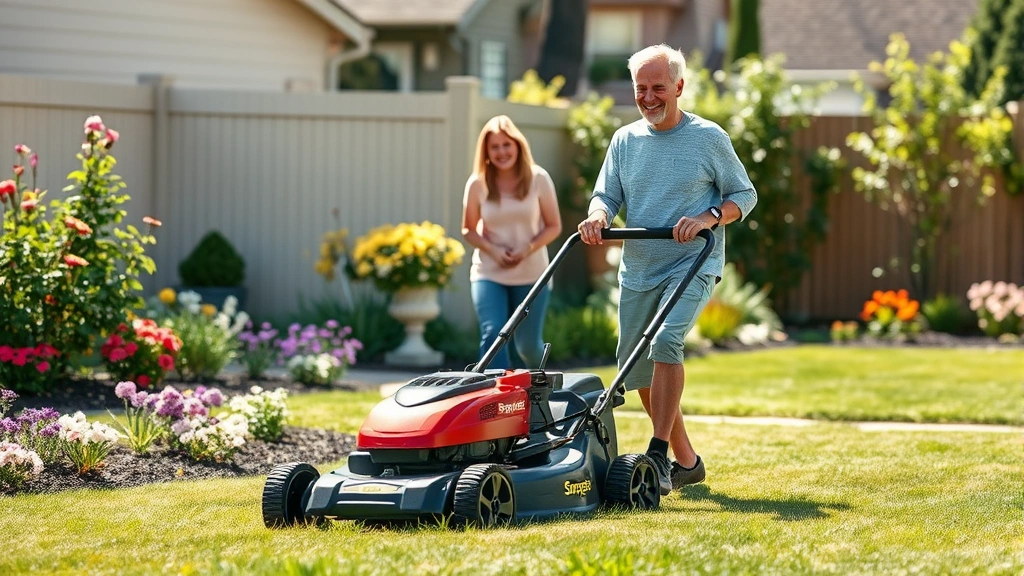 Family homeowner with residential Snapper walk-behind mower in suburban backyard, well-maintained yard with flowering landscape beds, bright daylight, satisfied customer expression, equipment in action