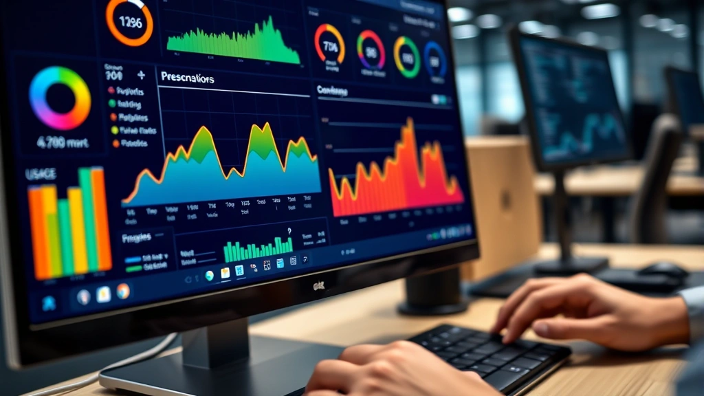Close-up of computer monitor displaying energy consumption analytics dashboard with colorful graphs and usage statistics, hands on keyboard in background, corporate office setting