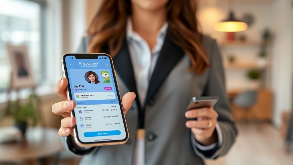 Mobile phone screen showing utility app interface with bill payment and account information, held by person in business casual attire, modern home interior background