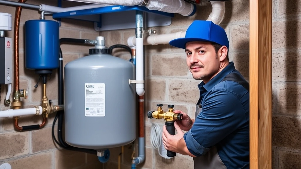 Professional plumber installing whole-home water softening system in basement, holding equipment with pipes and valves visible, modern residential setting, focused determined expression