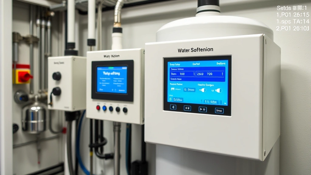 Water softening system control panel with digital display showing settings, clean technical equipment in utility room, professional industrial photography style, clear screen interface visible