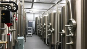 Professional craft brewery fermentation room with rows of stainless steel tanks, temperature control systems, and quality monitoring equipment in industrial facility setting