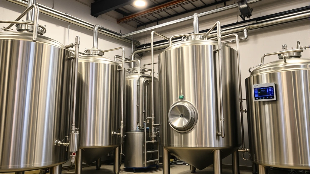 Craft brewery production facility with stainless steel fermentation tanks, professional brewing equipment, and quality control monitoring systems in modern industrial setting